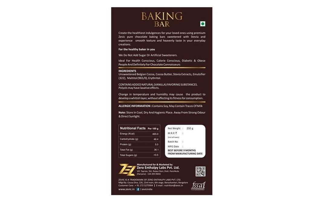 Zevic Baking Bar 55% Dark Belgian Cocoa   Box  250 grams